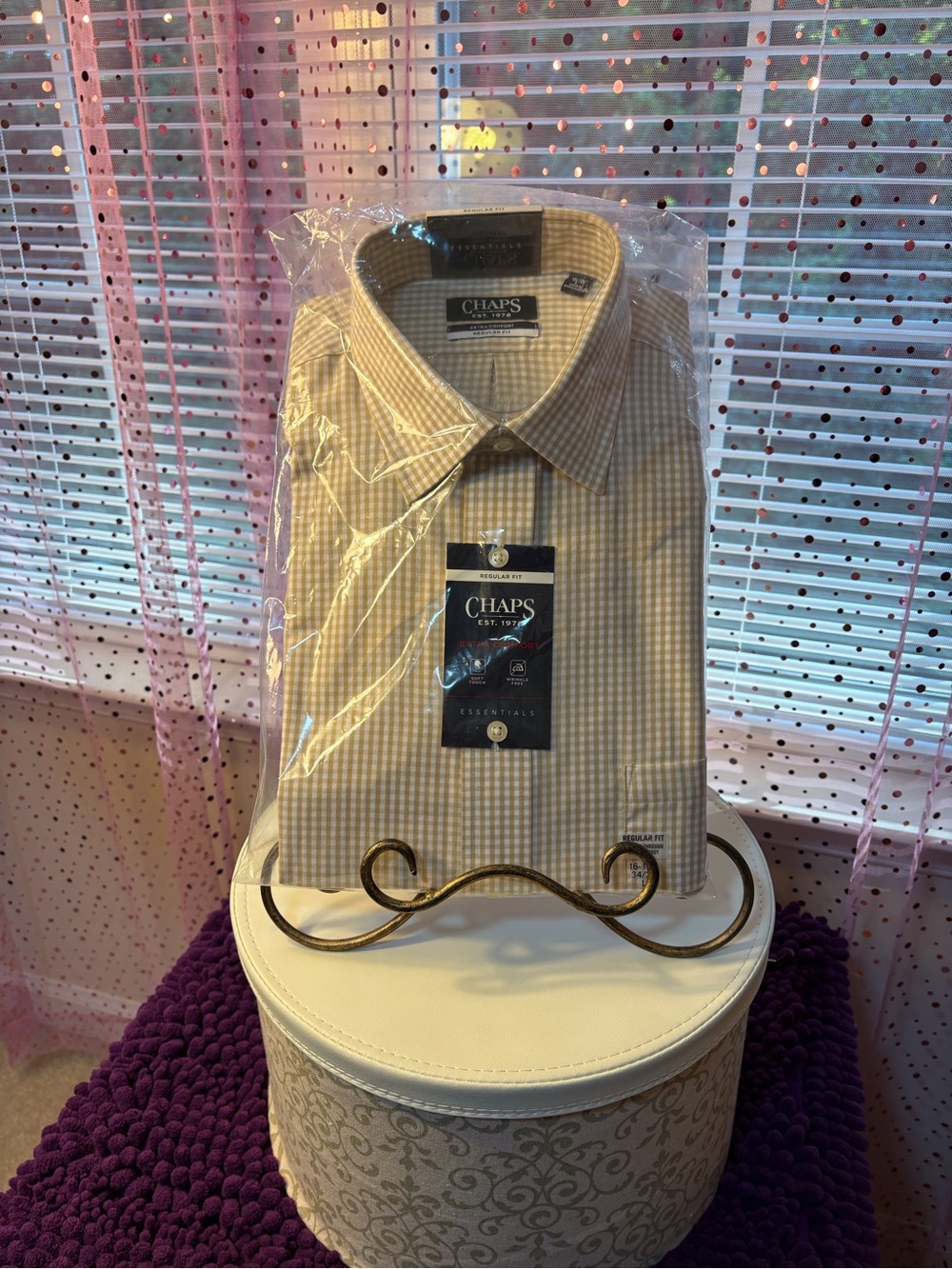 Chaps Men's Tan and White Gingham Dress Shirt